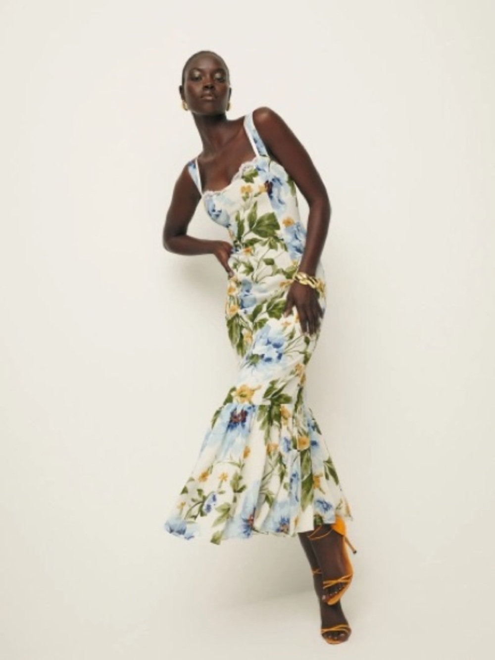 Reformation White Floral Midi Dress with Blue and Green Print